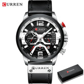 Black and silver chronograph wristwatch with leather strap, bold dial, and metallic details