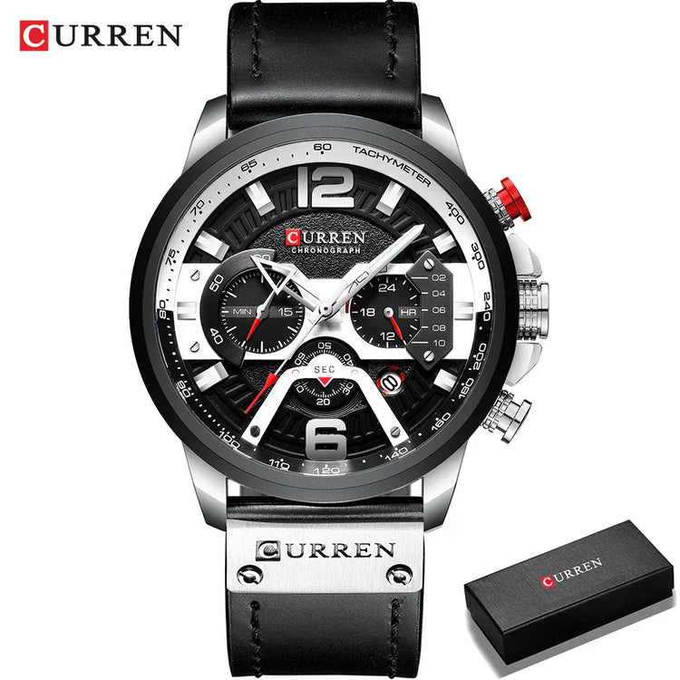 Black and silver chronograph wristwatch with leather strap, bold dial, and metallic details
