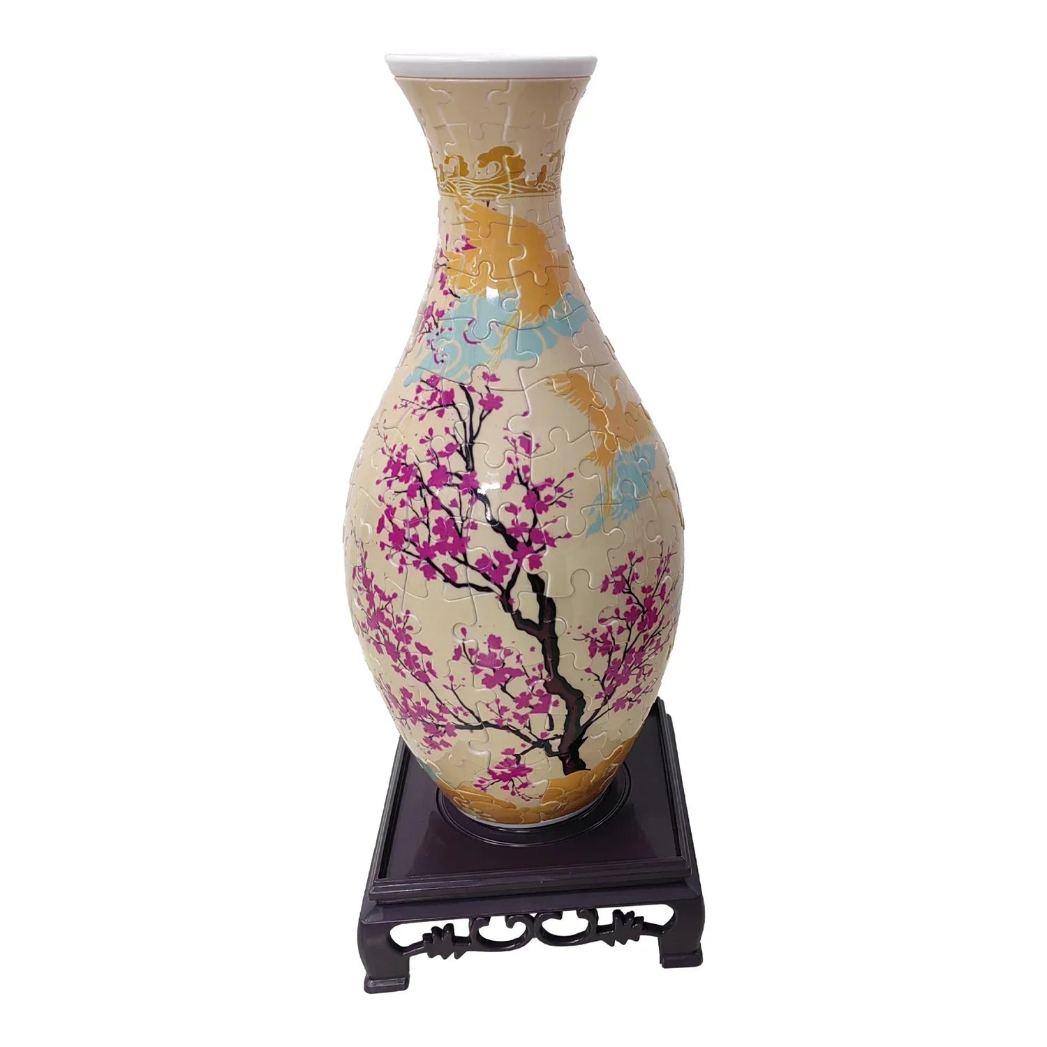 Decorative vase with cherry blossom pattern, vibrant colors, displayed on dark wooden stand