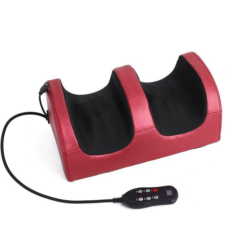 Red and black textured foot massager with ergonomic slots and remote control