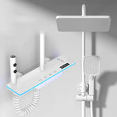 Modern white smart shower panel with digital display, square rainfall head, and sleek controls