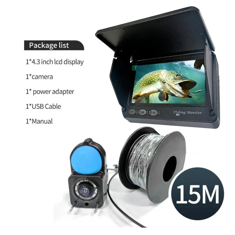 Fishing camera kit with 4.3-inch LCD display, underwater camera, and 15-meter cable