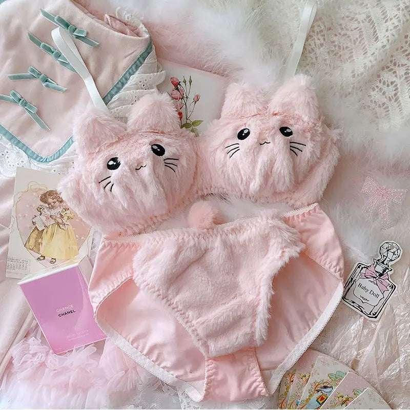 Cute pink fuzzy cat-themed lingerie set with high-waisted fit, playful ears, and soft material.