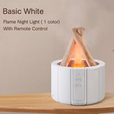 White flame-effect night light with wood accents, modern cylindrical design, remote control
