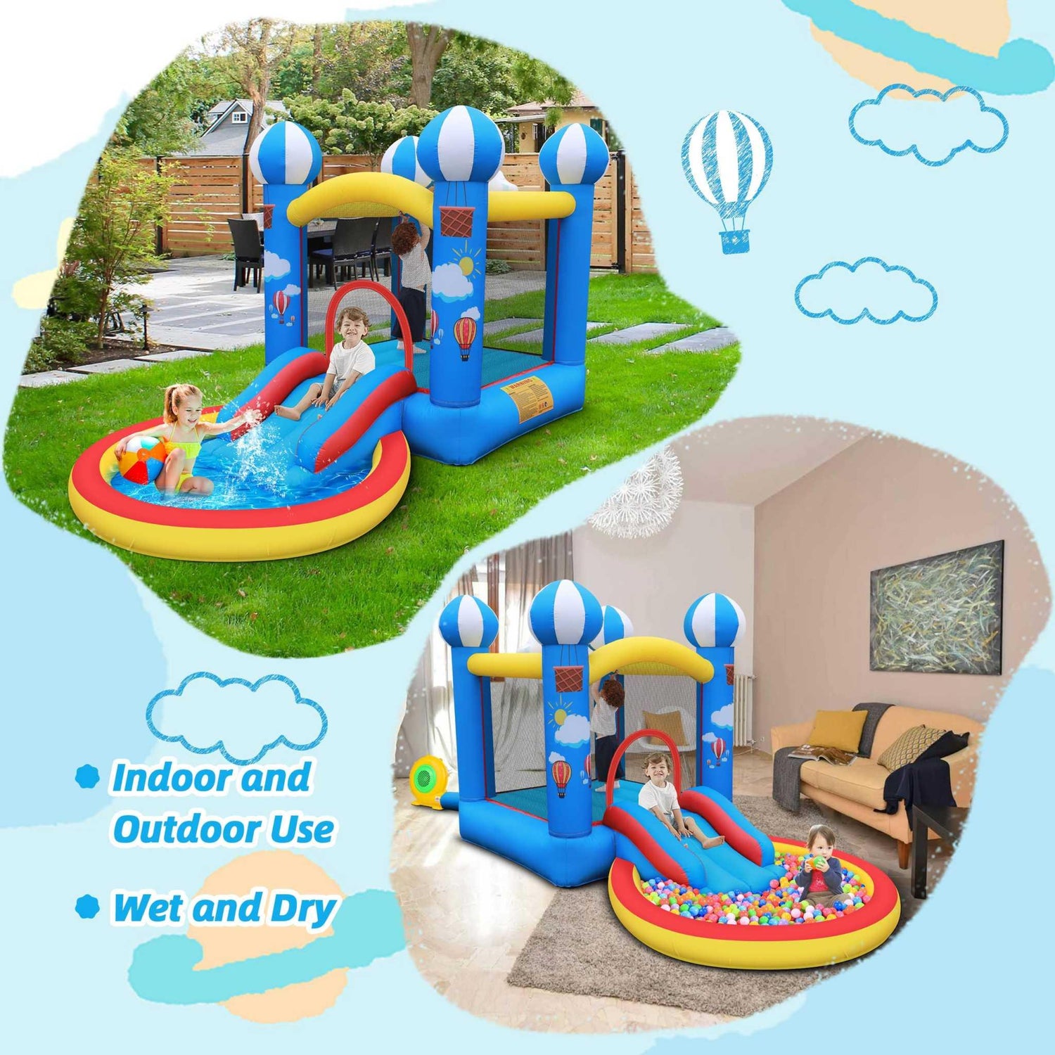 Colorful inflatable bounce house with slide, ball pit, and pool for kids, suitable for indoor and outdoor use.