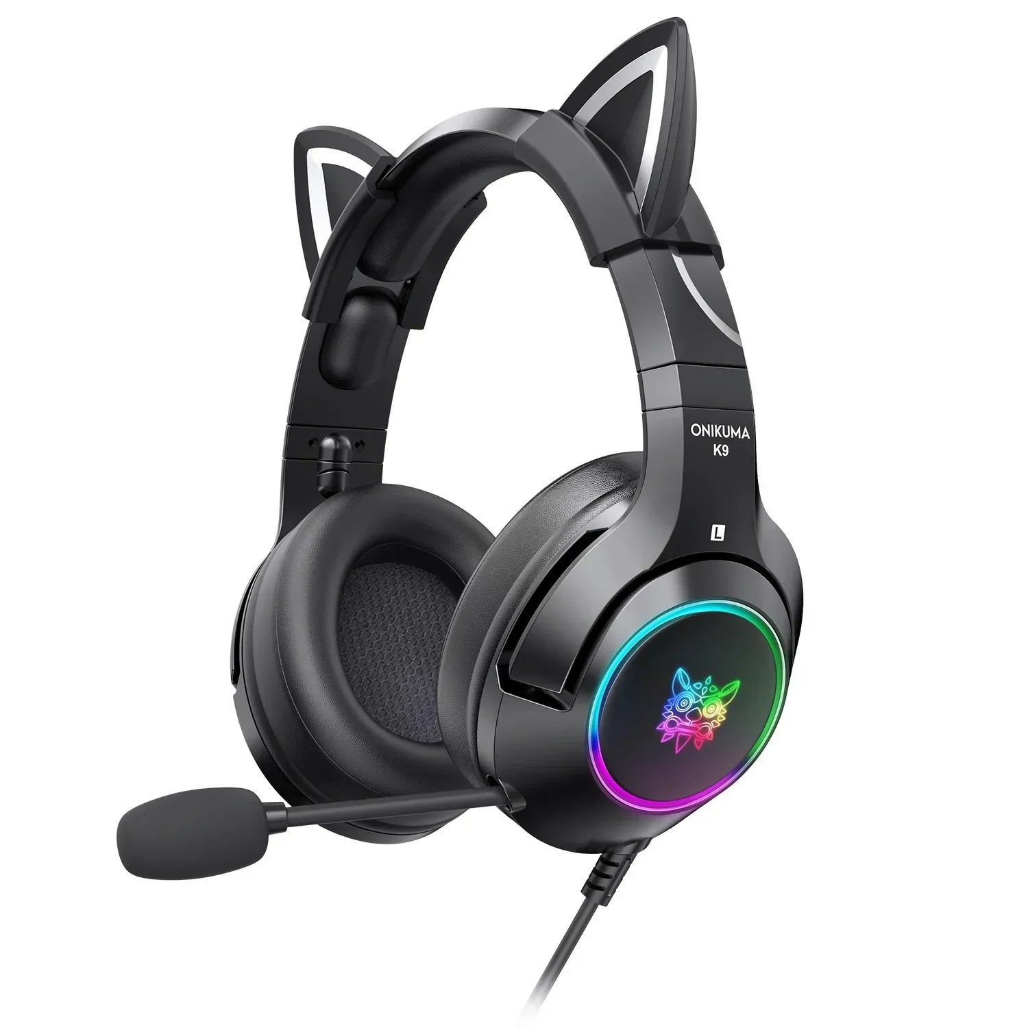 Black over-ear gaming headset with cat ear accents, RGB lights, and attached microphone