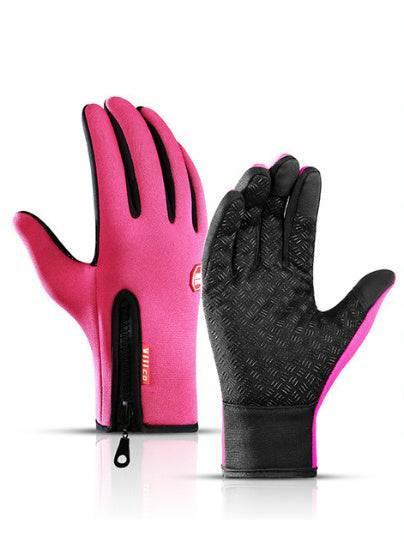 Pink insulated touchscreen gloves with black textured palm, zipper closure, and slim fit.