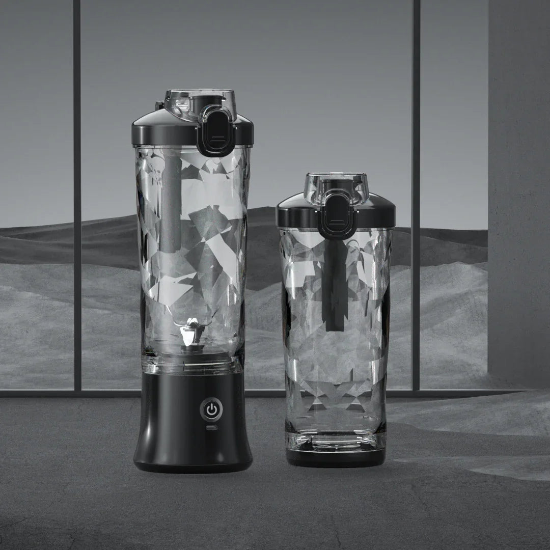 Two clear geometric-textured bottles with black lids, modern design on gray background