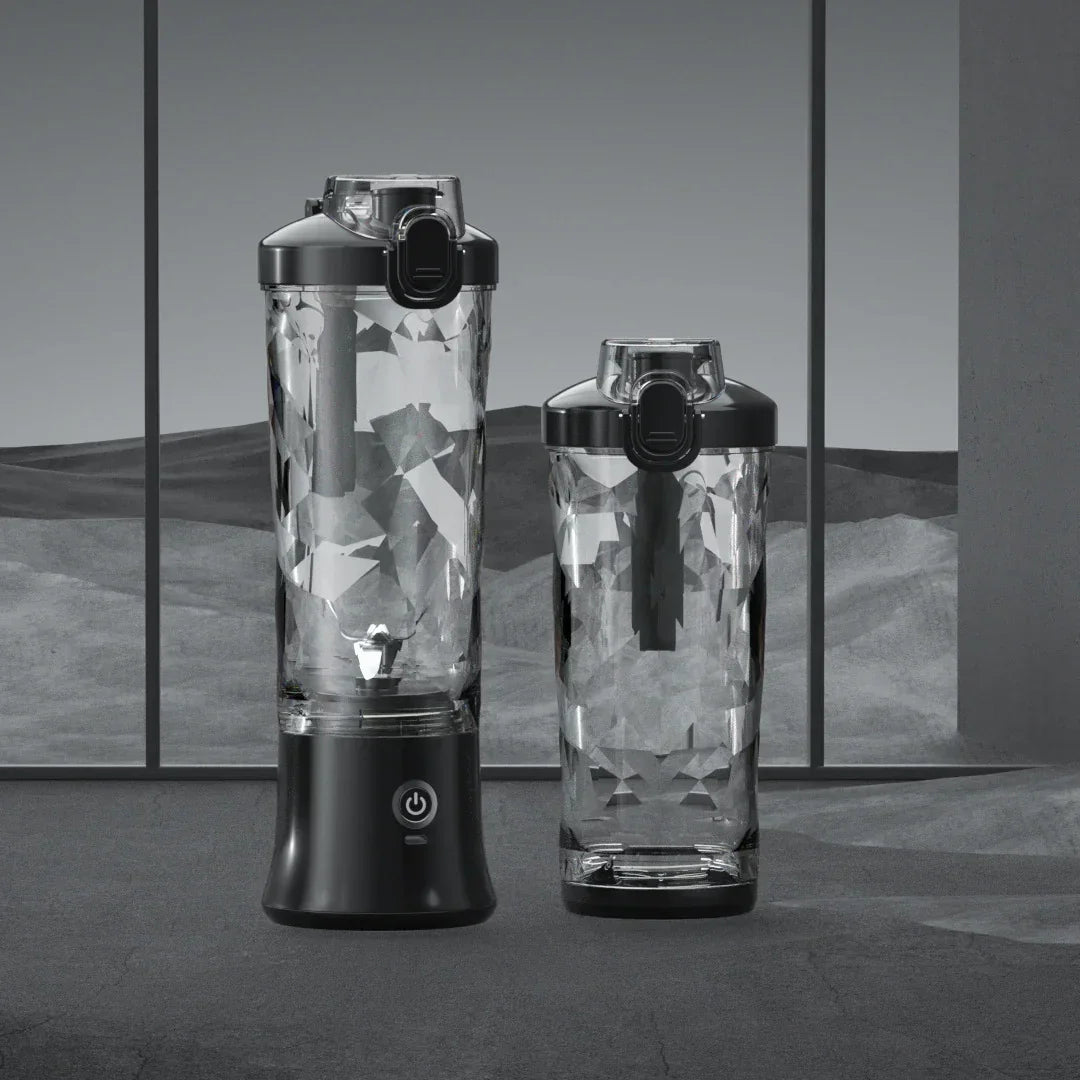 Two clear geometric-textured bottles with black lids, modern design on gray background