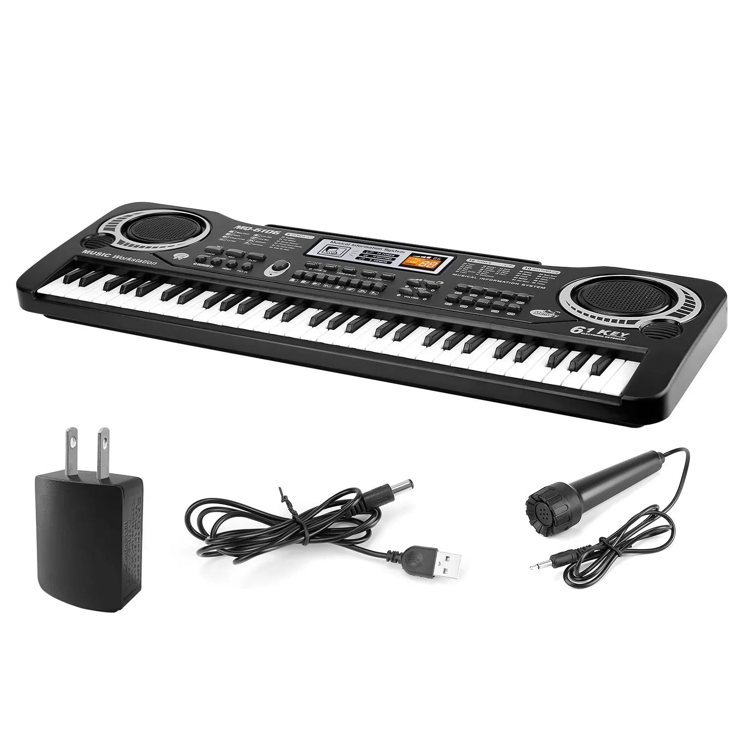 Black electronic keyboard with 61 keys, built-in speakers, microphone, USB cable, and power adapter on white background.