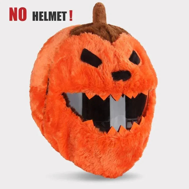 Orange faux fur pumpkin helmet cover with jagged mouth and angry eyes, cozy fit accessory