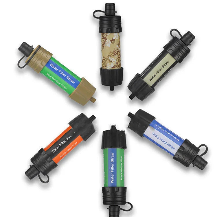 Assorted portable water filter straws in various colors and camouflage design, arranged in a circle.