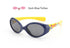 Oval dark blue and yellow sunglasses with cartoon print and dark lenses, plastic frame.