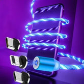 Futuristic glowing blue LED charging cable with magnetic connectors and a smartphone