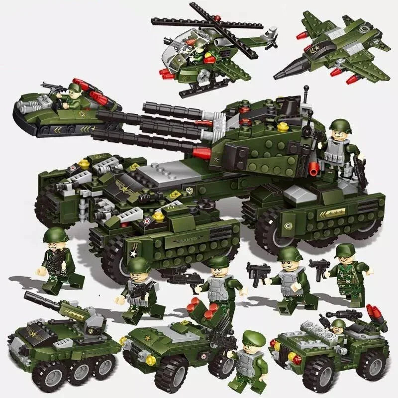 Green military-style toy building blocks set with soldiers, tank, helicopter, vehicles.