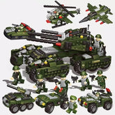Green military-style toy building blocks set with soldiers, tank, helicopter, vehicles.