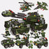 Green military-style toy building blocks set with soldiers, tank, helicopter, vehicles.
