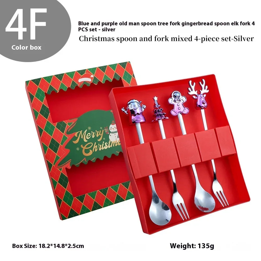 Christmas-themed silver spoon and fork set with festive character handles in a red gift box