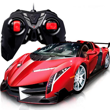 Red remote control sports car with black and red controller on white background