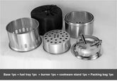 Stainless steel portable stove set with burner, fuel tray, cookware stand, and black mesh bag