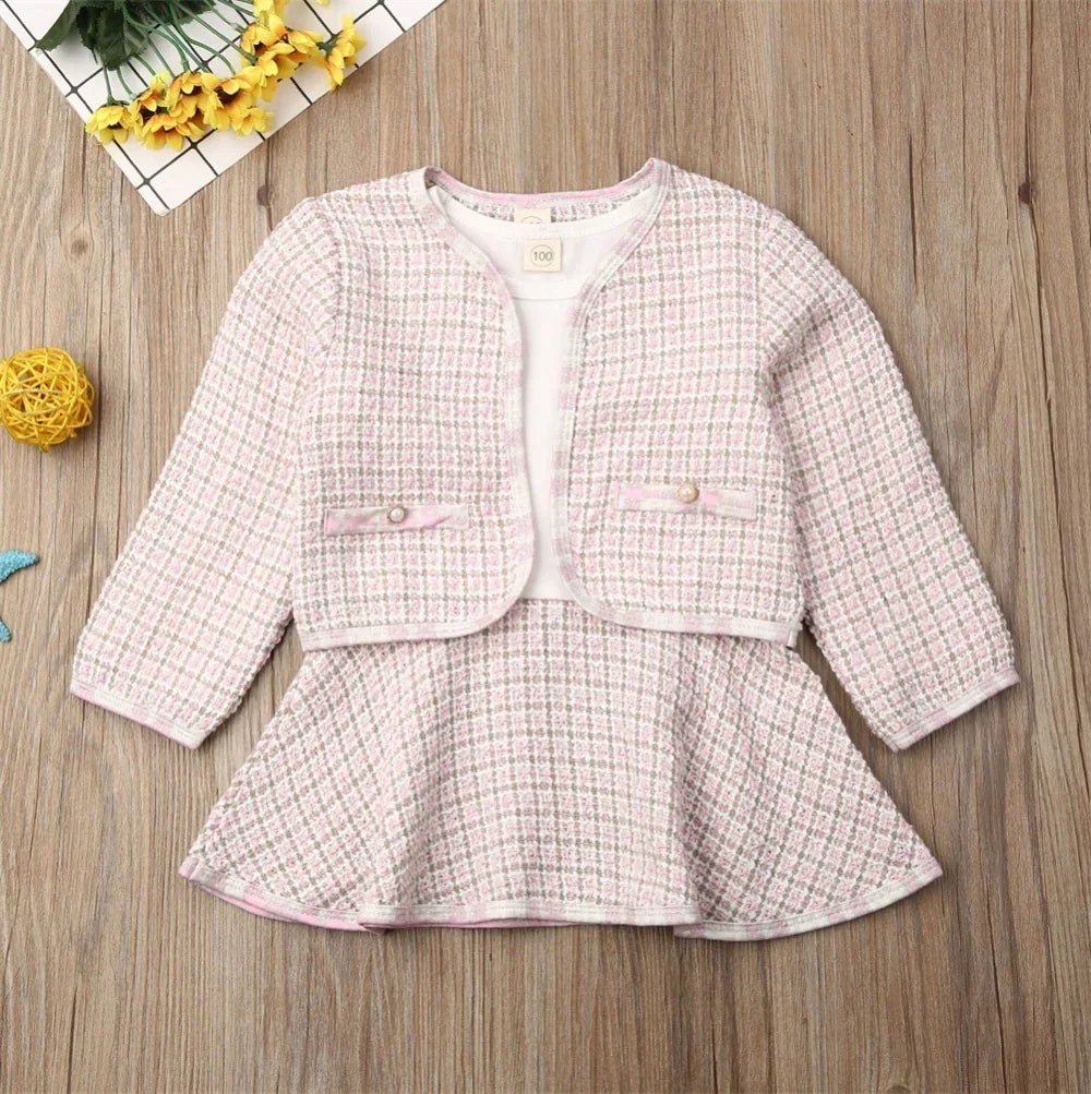 Girls' pink plaid tweed jacket and skirt set, long sleeves, fitted style, soft fabric