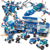 Blue and white police-themed building block toys including a robot, vehicles, and SWAT figures.