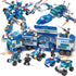 Blue and white police-themed building block toys including a robot, vehicles, and SWAT figures.