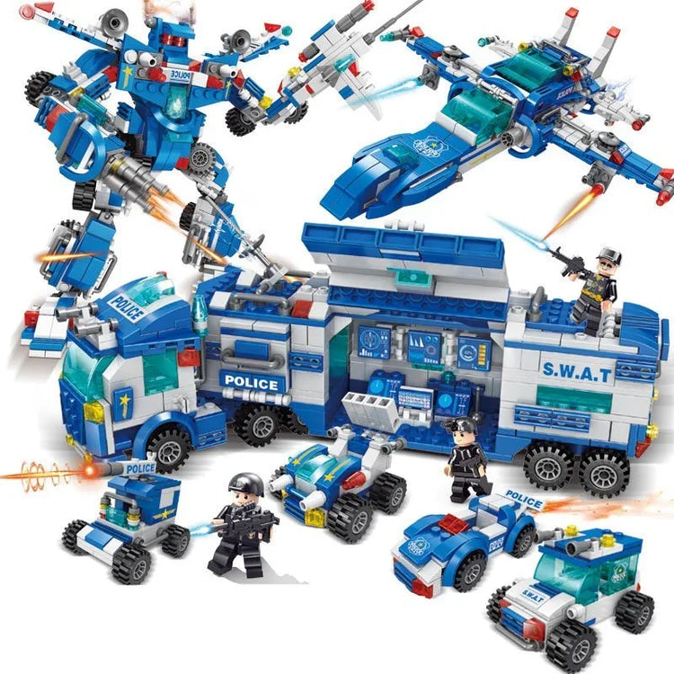 Blue and white police-themed building block toys including a robot, vehicles, and SWAT figures.