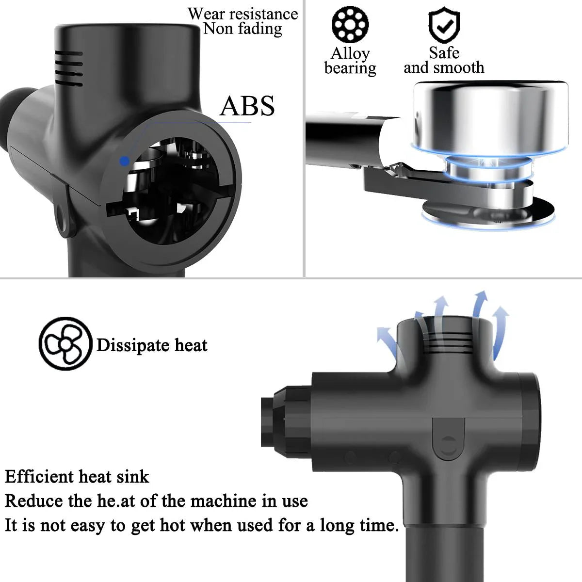 Black ABS device with alloy bearing, heat dissipation vents, wear-resistant material.