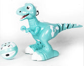 Light blue plastic robotic dinosaur toy with white details and a matching remote control