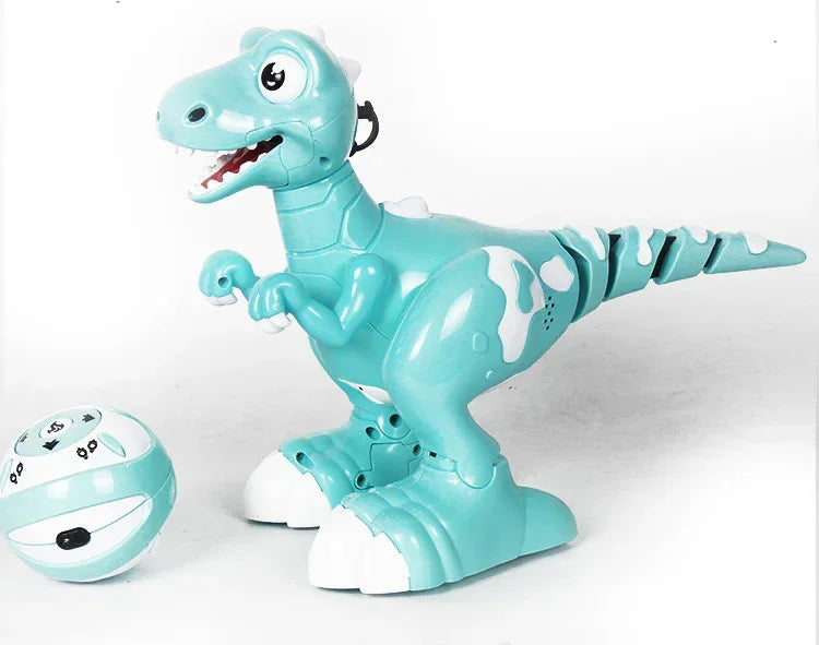 Light blue plastic robotic dinosaur toy with white details and a matching remote control