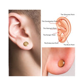 Closeup of ear with gold round magnetic earring stud, ear acupressure chart diagram