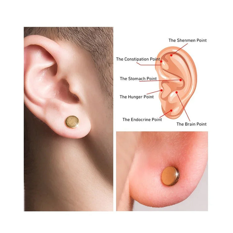 Closeup of ear with gold round magnetic earring stud, ear acupressure chart diagram