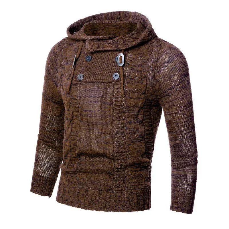 Brown knitted hooded sweater with front buttons, cable pattern, slim fit long sleeves