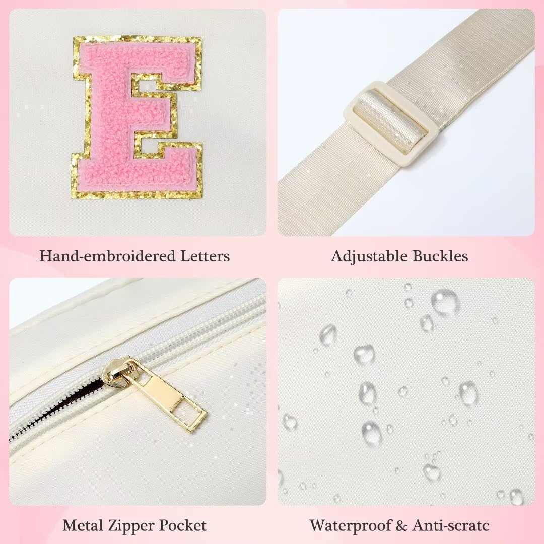 YOOLIFE Initial Crossbody Bag with hand-embroidered letters, adjustable buckles, metal zipper, waterproof and anti-scratch design.