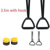 Black nylon strap handles with metal hooks, yellow wrist wraps, and metal anchors on white background