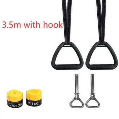 Black nylon strap handles with metal hooks, yellow wrist wraps, and metal anchors on white background