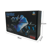 Boxed lizard robot toy with blue and black design, shown with product dimensions