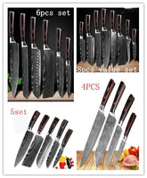 Stainless steel kitchen knife sets with dark wood handles and Damascus-style blades, assorted up to 8 pieces.