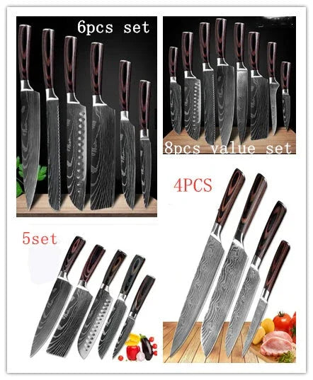 Stainless steel kitchen knife sets with dark wood handles and Damascus-style blades, assorted up to 8 pieces.