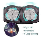 Black ergonomic neck massager with rotating nodes, mesh fabric, and deep-kneading function.