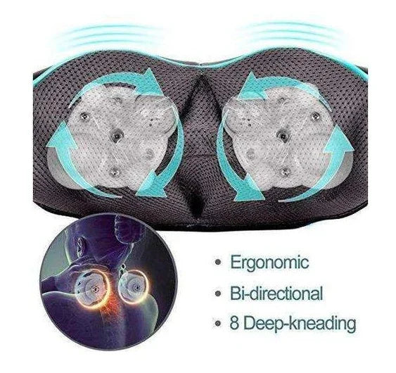 Black ergonomic neck massager with rotating nodes, mesh fabric, and deep-kneading function.