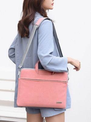 Pink PU leather women laptop bag with shoulder strap, suitable for MacBook Air 13.3 to 15.6 inch, stylish and durable briefcase