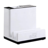 Modern white plastic storage box with multiple compartments and black accents