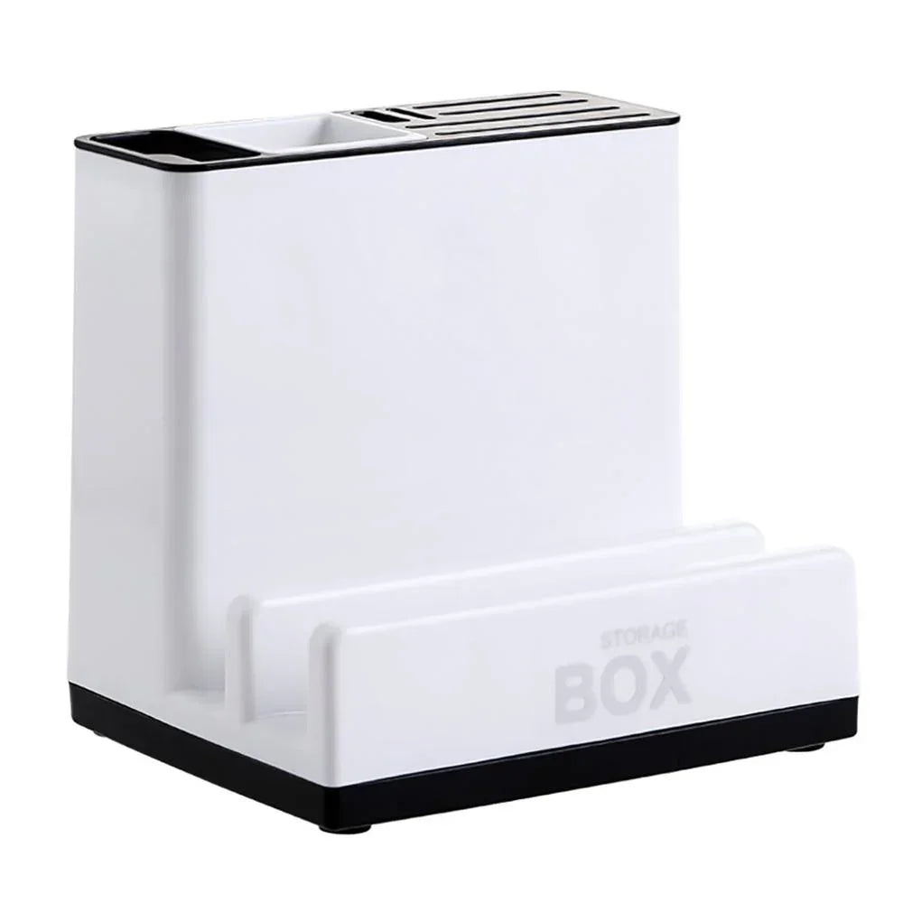 Modern white plastic storage box with multiple compartments and black accents