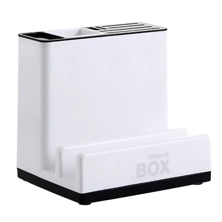 Modern white plastic storage box with multiple compartments and black accents