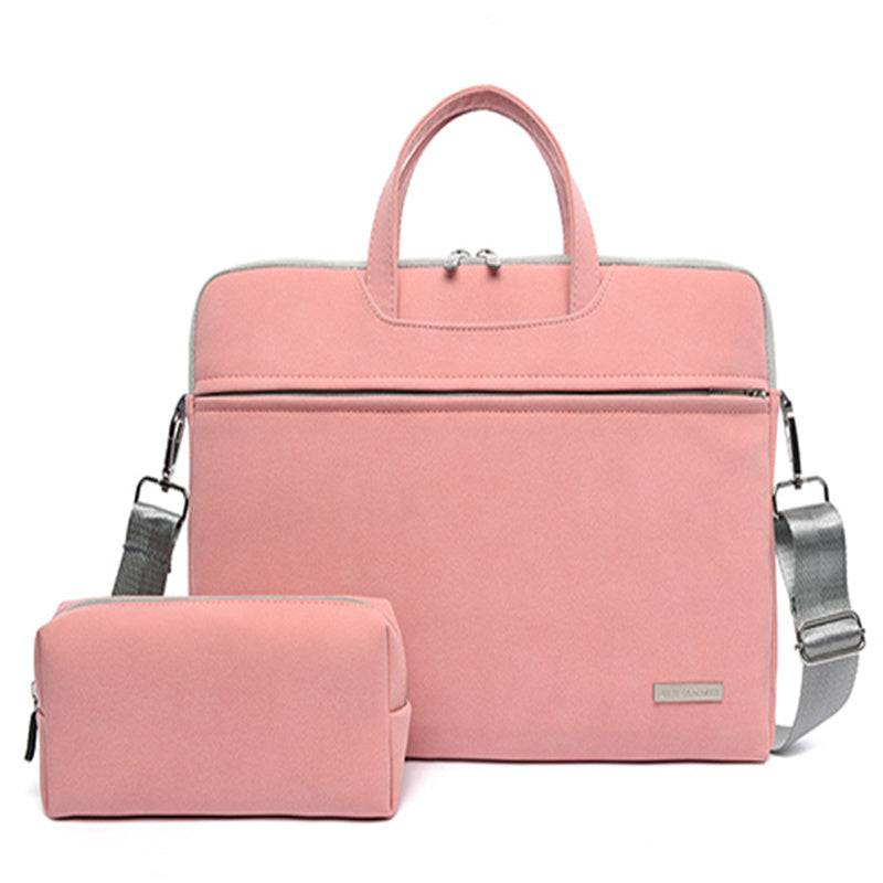 Pink PU leather women laptop bag with removable shoulder strap and matching small pouch