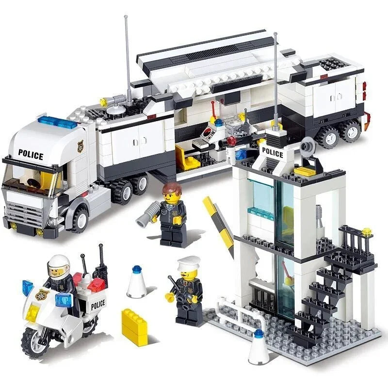 Block toy police station with mobile command truck, motorcycle, and three police figures.