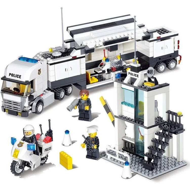 Block toy police station with mobile command truck, motorcycle, and three police figures.