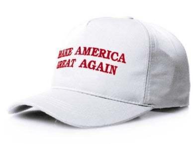 White cotton baseball cap with structured fit and red embroidered text on the front panel